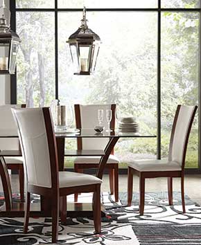 nice glass dining room table with wood chairs and white padding